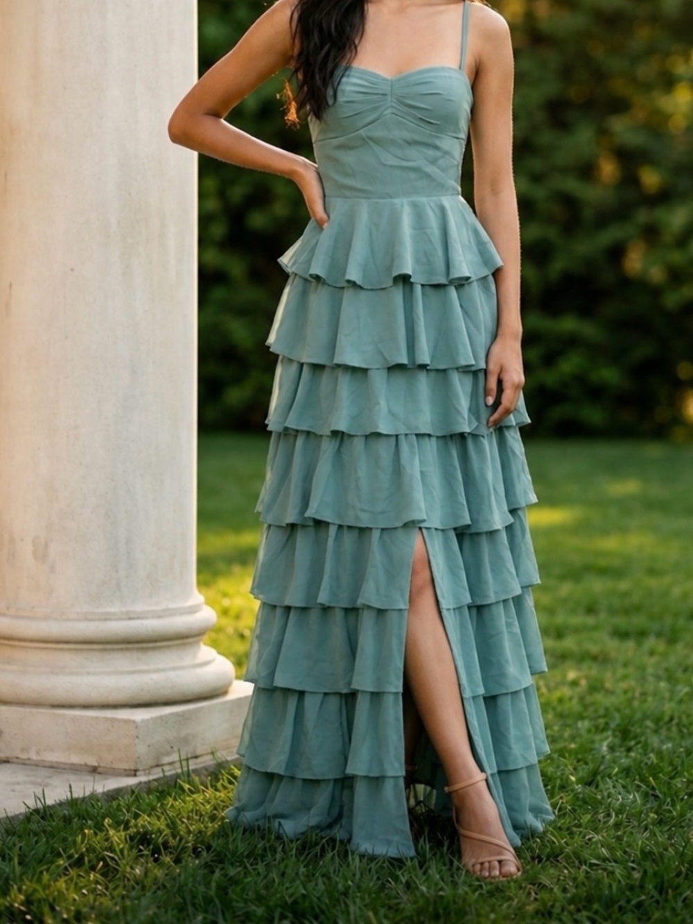 Sleeveless Ruffle Tiered Maxi Dress in Seafoam Green